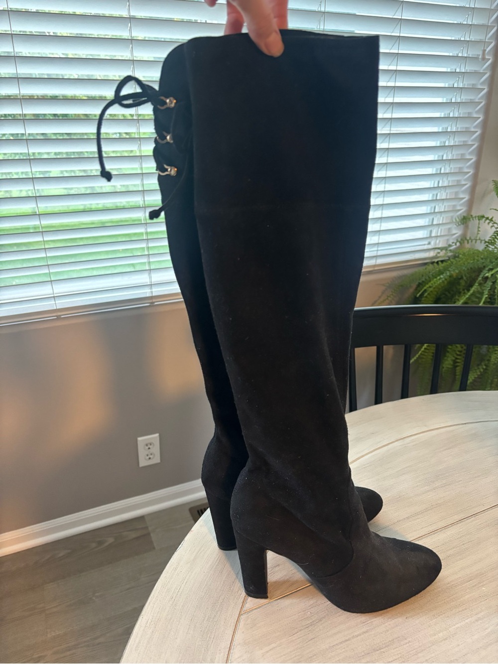 Black Suede Knee-High Block Heel Boots - Women